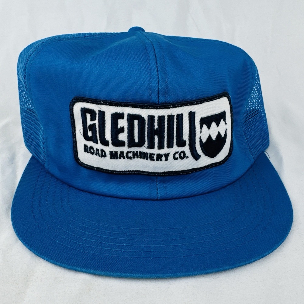 Vintage 80s Gledhill Road Machinery Trucker Hat K-Products USA Blue Snapback